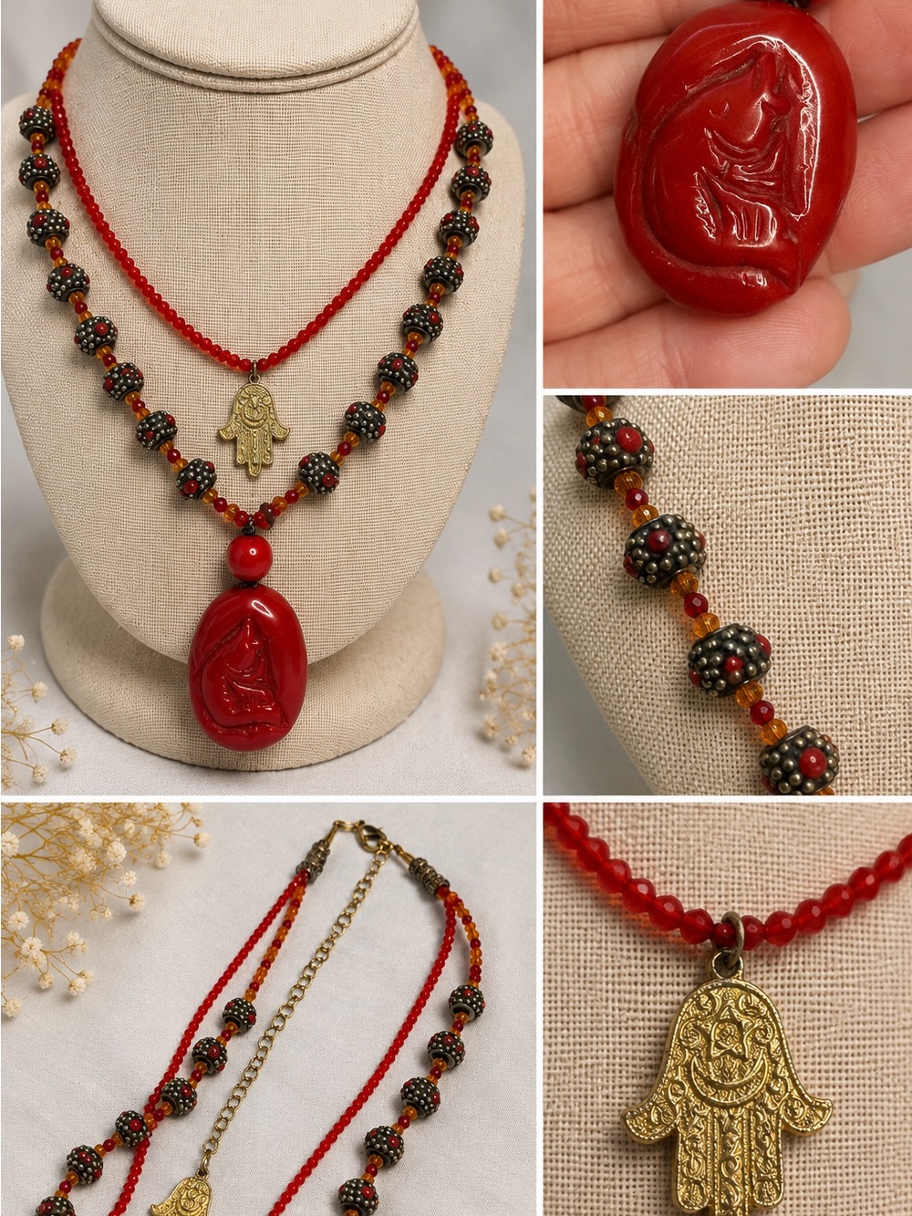 Boho Red Beaded Hamsa Layered Necklace Carved Pendant Adjustable